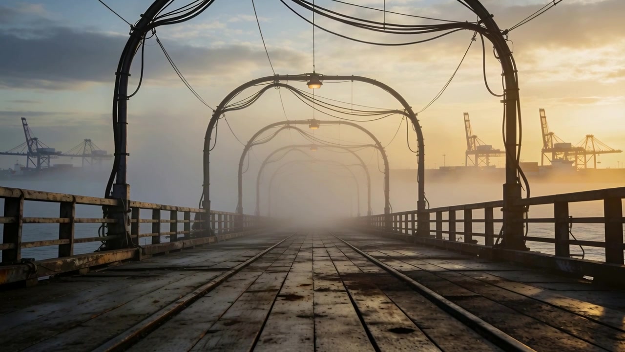 Moving camera advancing along centered wooden pier, revealing fog, lamps, rails, sunrise light