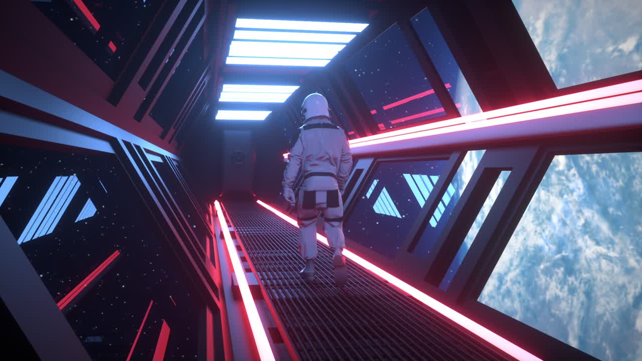 astronauta caminando en un corredor de una nave espacial futurista