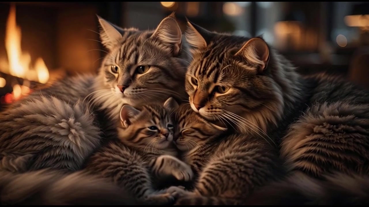Famiglia di gatti soriani che riposano insieme accanto a un accogliente caminetto.