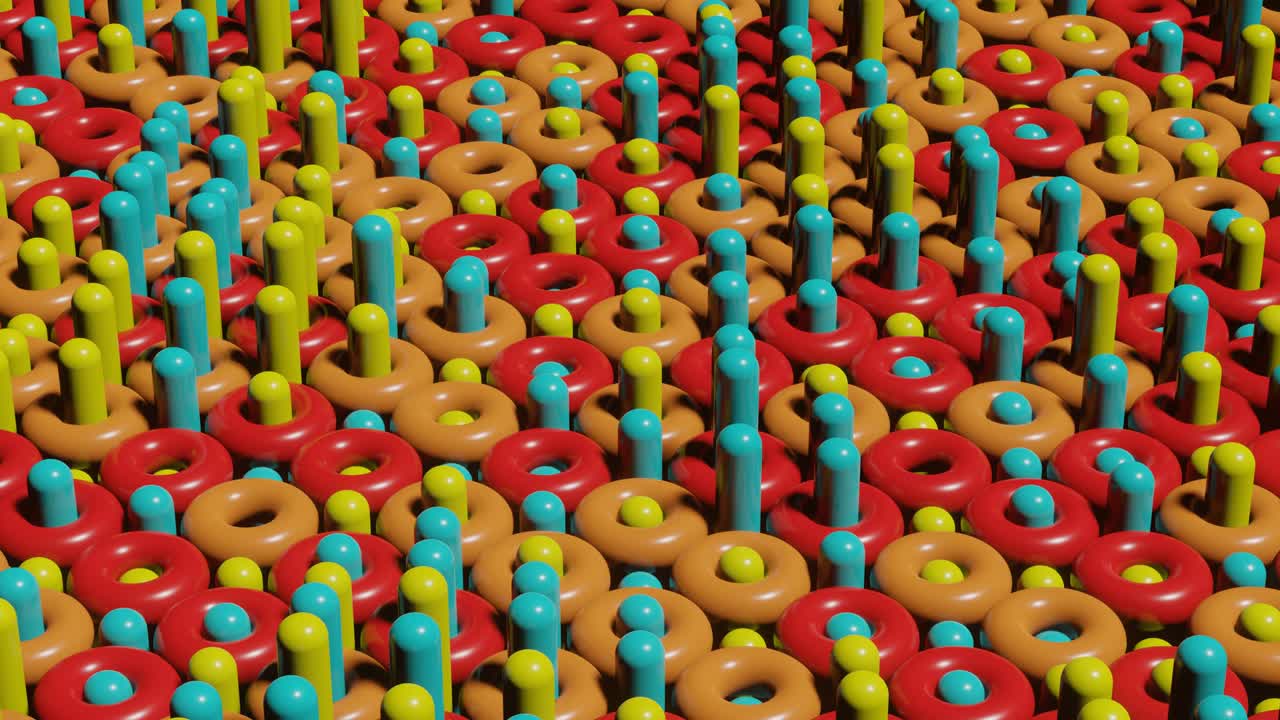 추상적인 3d 렌더링 장면과 애니메이션 다채로운 토루스 및 실린더. 완벽한 루프 현대 만족스러운 모션 그래픽