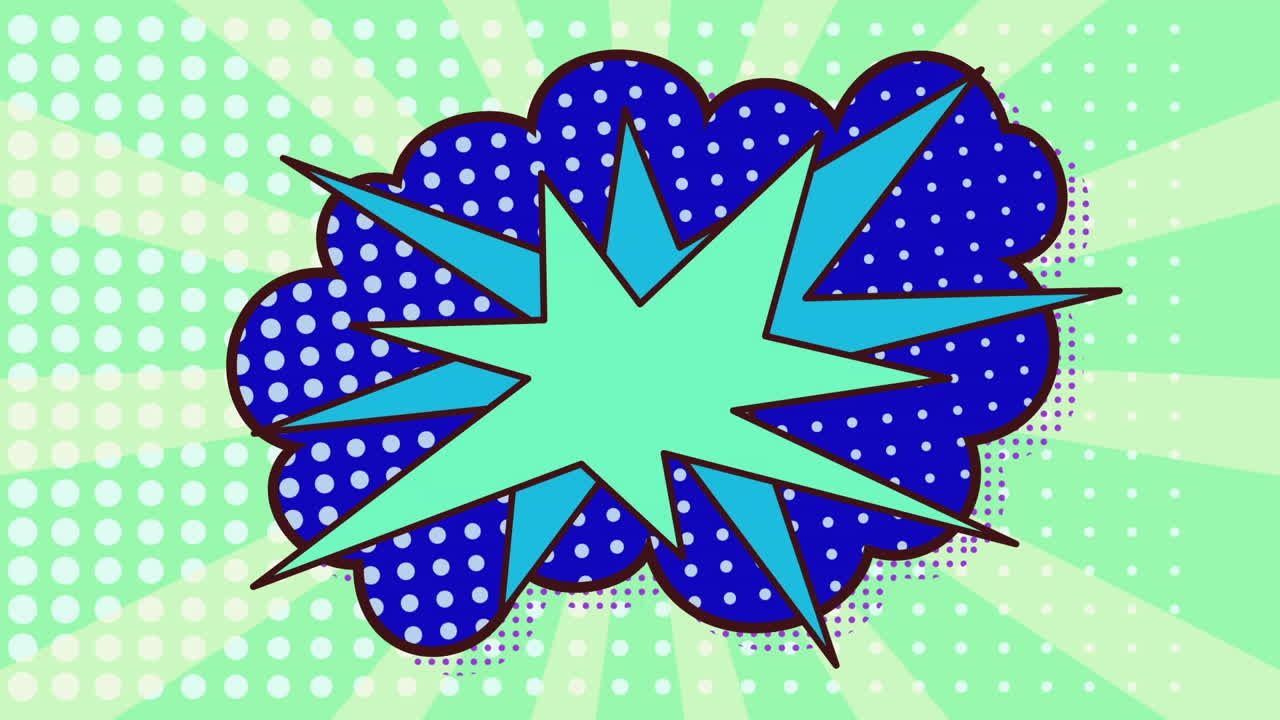 animación de una burbuja de habla retro sobre una nube azul con puntos y rayas verdes