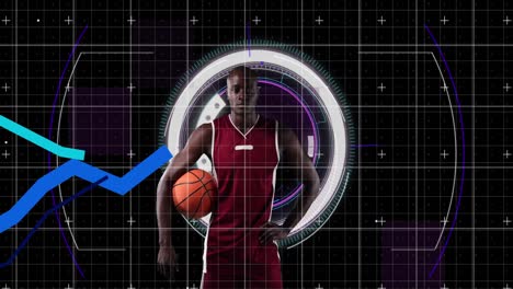 Diagramme,-Die-Sich-über-Das-Porträt-Eines-Afroamerikanischen-Männlichen-Basketballspielers-Vor-Einem-Runden-Scanner-Bewegen