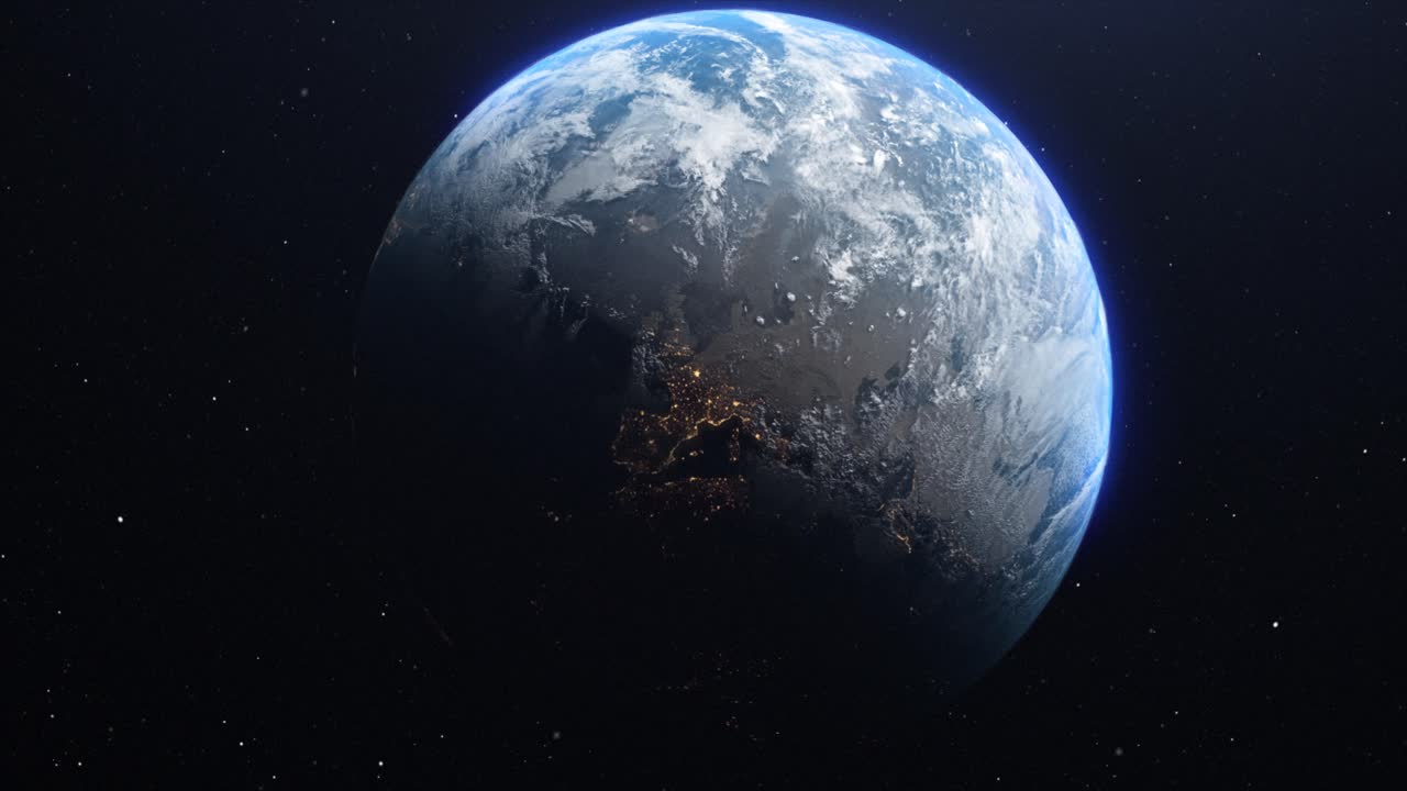 Stunning CGI render of the planet Earth from space with dawn spreading across the European continent, with the distinct lights from habitation glittering in the night time zones