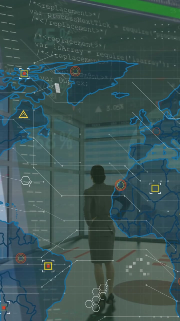 Animation of world map, icons and data processing over back view of woman standing in office