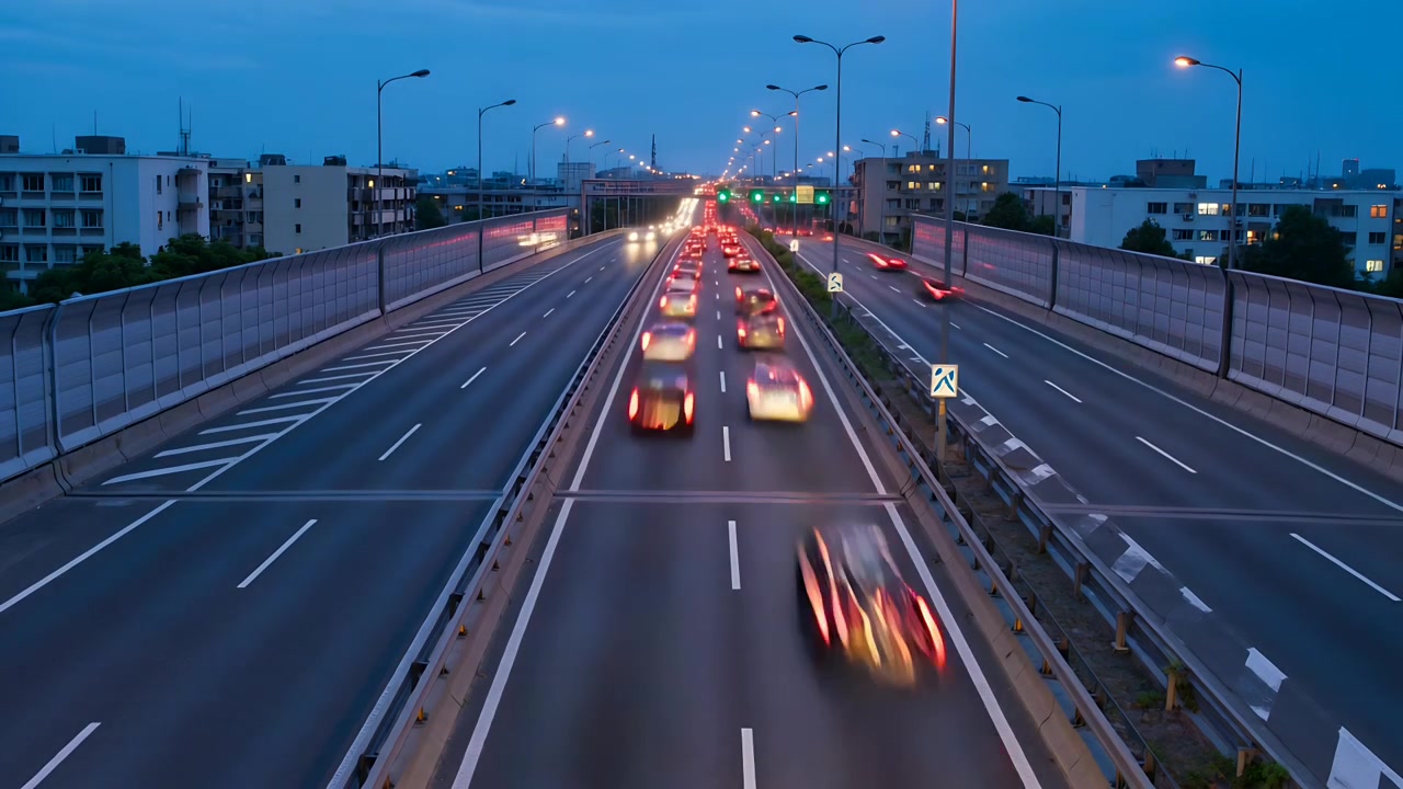 Auto in accelerazione sull'autostrada principale che creano scie luminose su un cavalcavia sopraelevato al tramonto, con lampioni.