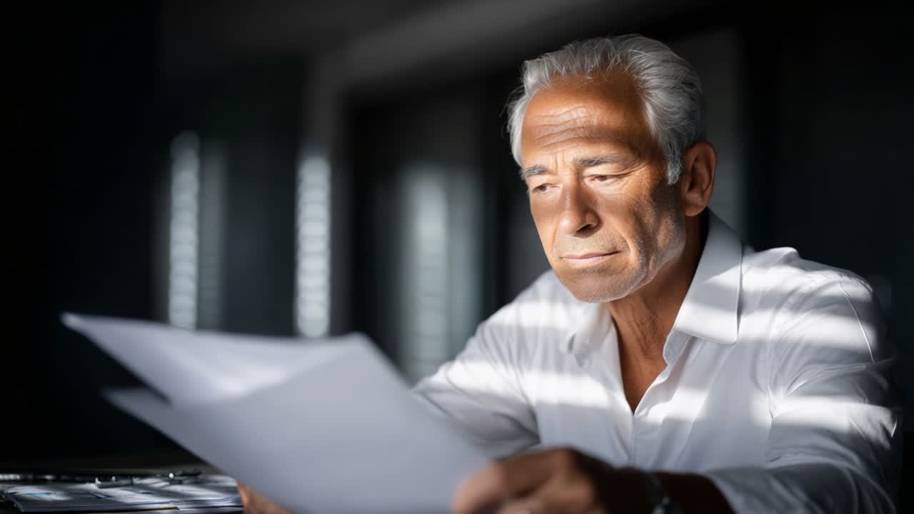 An Introspective Moment: A Pensive Older Man Analyzing Documents Under Soft Light and Striking Shadows, Capturing His Thoughtful Essence with Papers in Hand