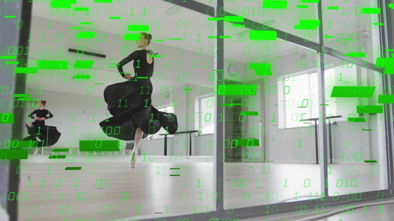 Female dancer pirouetting behind glass pane sparking binary code overlay fueling tech visualization