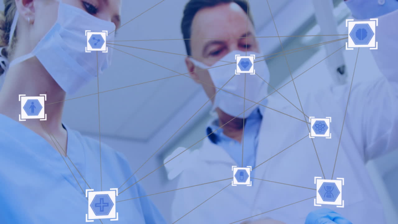 네트워크 연결 애니메이션으로 데이터를 검사하는 의료 전문가