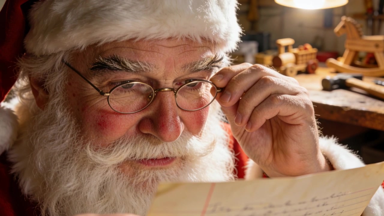 Reading Santa holding lined letter, wearing red coat, hat, adjusting glasses at workshop for review