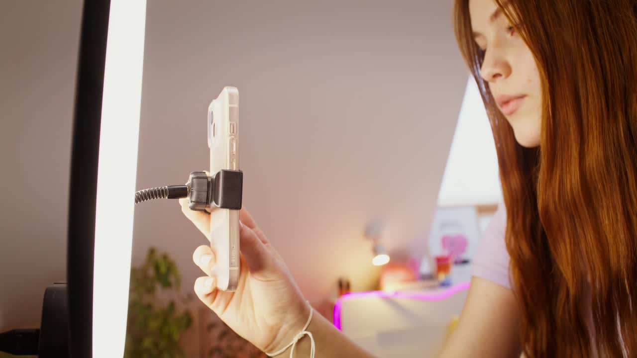 십대 소녀가 링 라이트와 스마트폰을 사용하여 비디오를 만들고 있습니다.