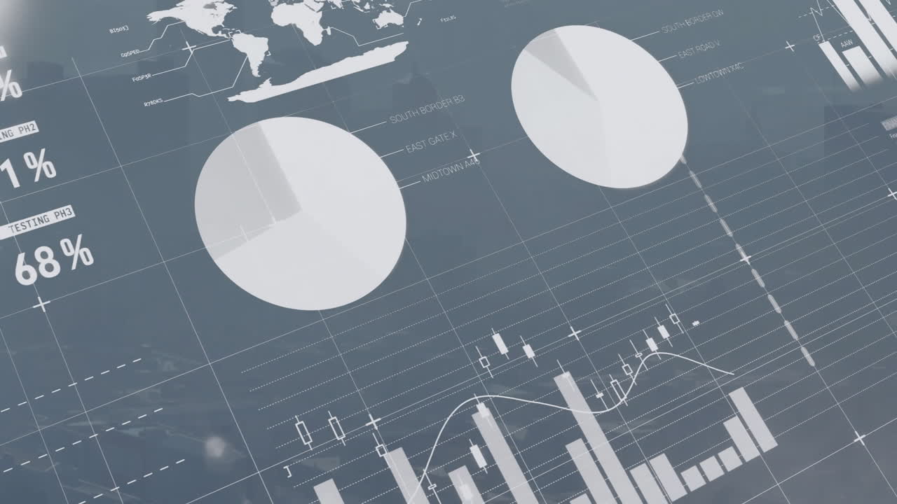 Digital financial dashboard showing semi-transparent pie charts, bar, line and candlestick graphs