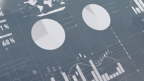 digital financial dashboard showing semi-transparent pie charts, bar, line and candlestick graphs