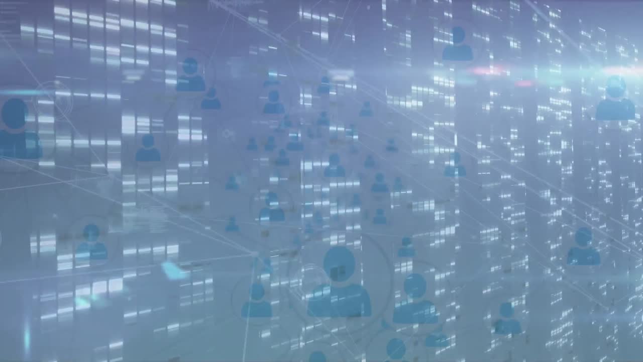 Animation of network of connections and digital screens on dark blue background