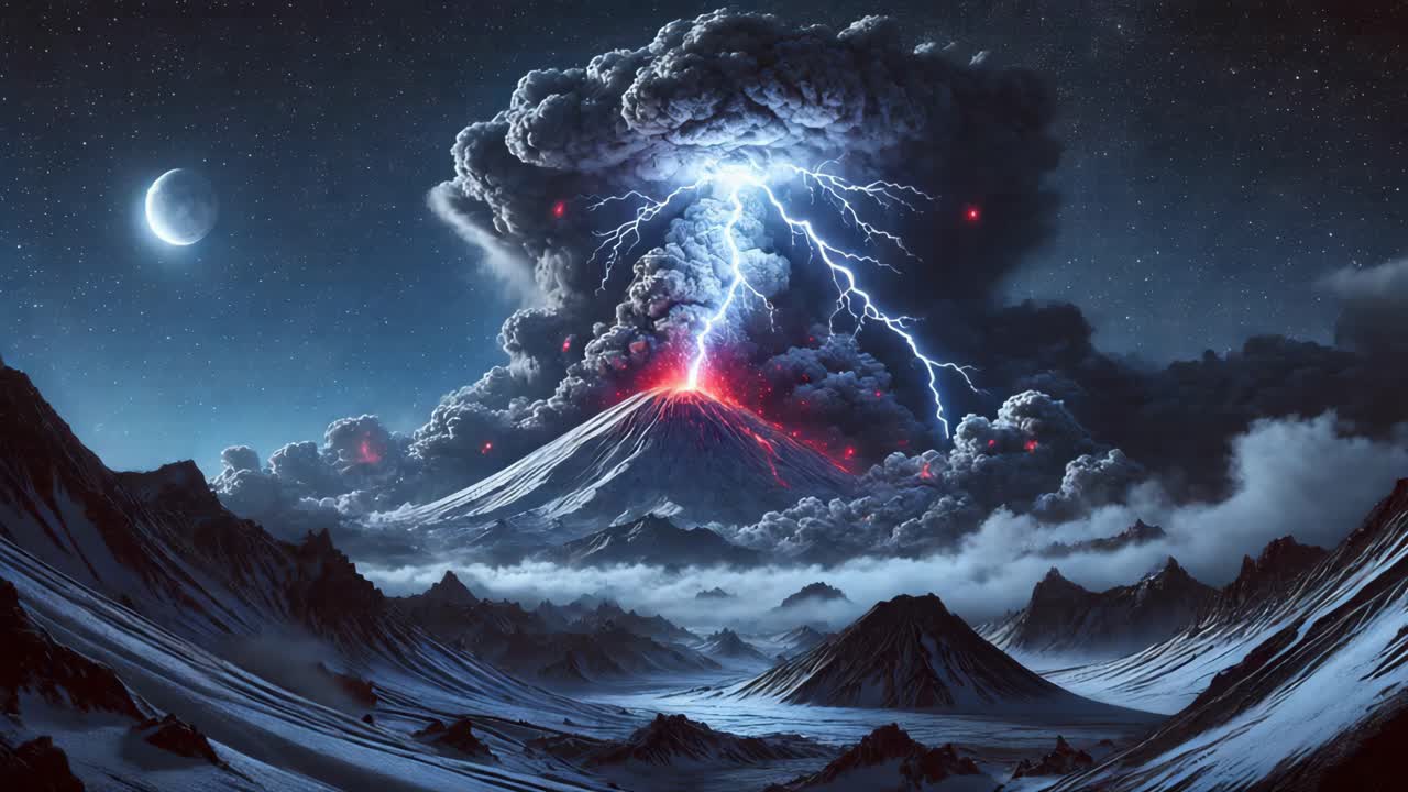 Volcanic Eruption at Night with Lightning