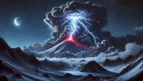 volcanic eruption at night with lightning