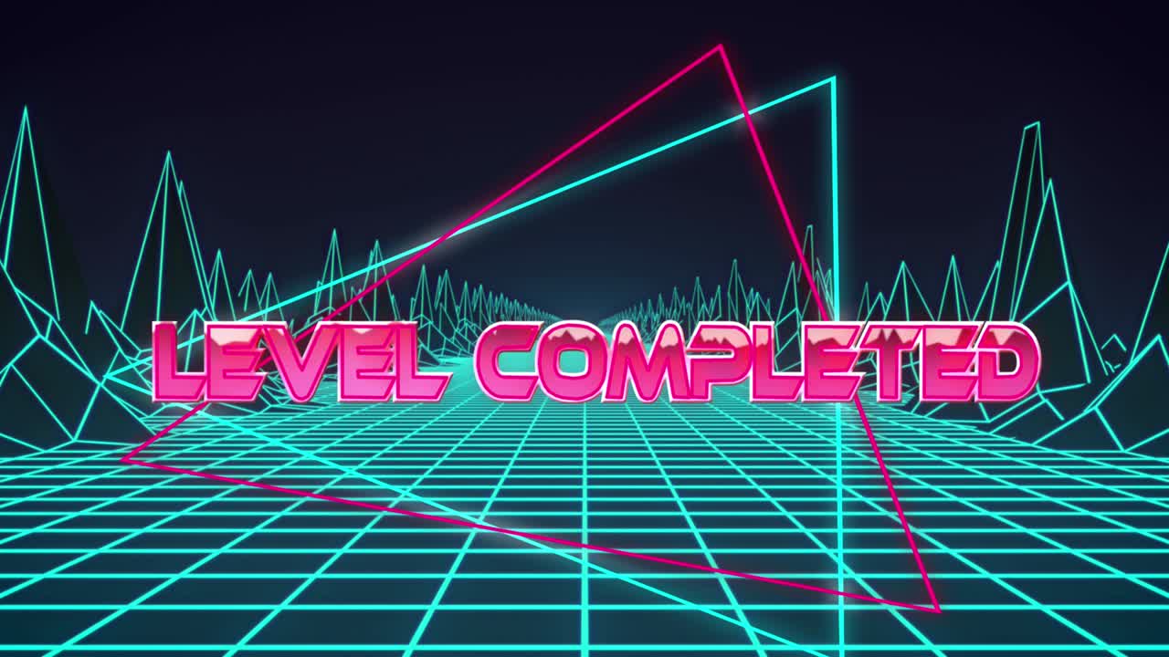 디지털 지형과 함께 그리드 위에 레벨 완료 된 텍스트의 애니메이션