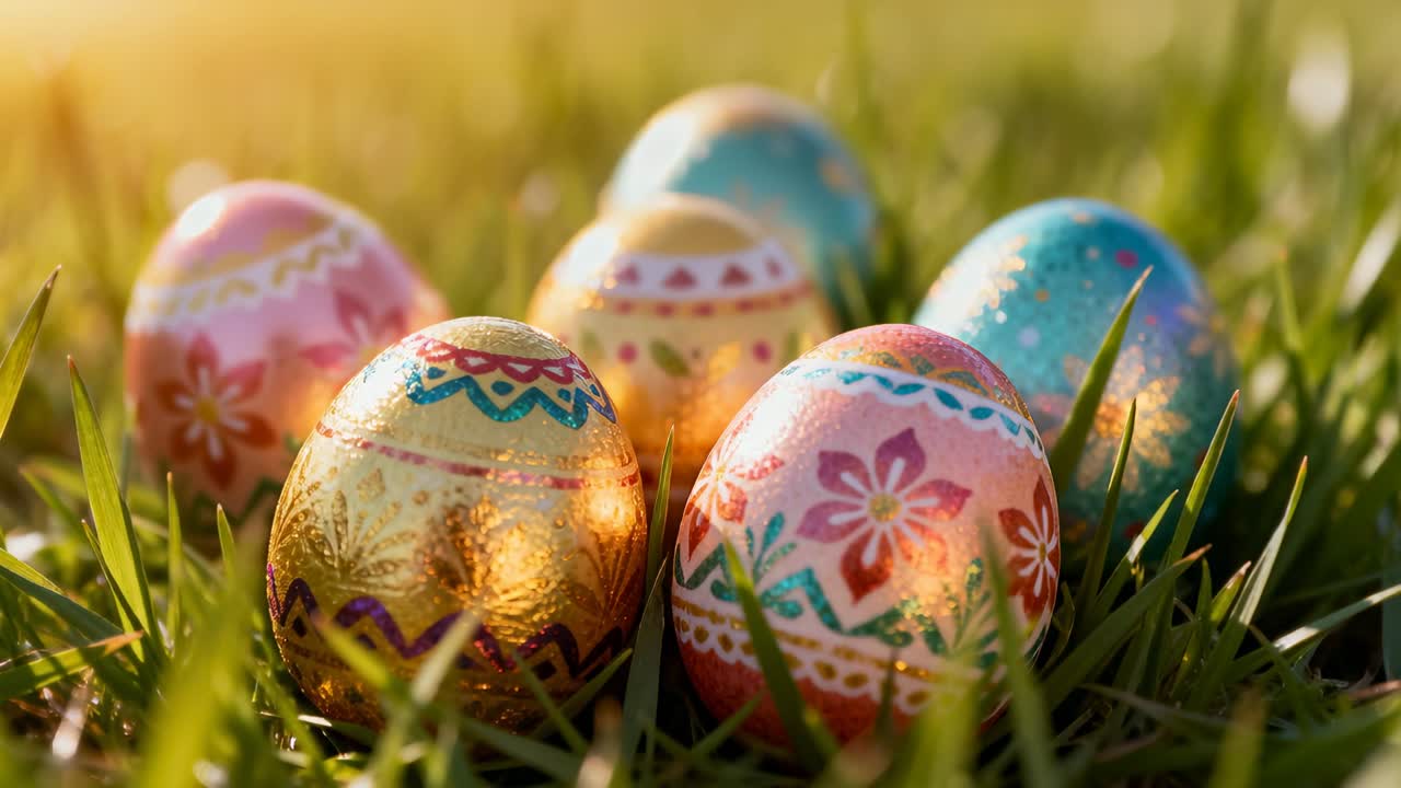 Pulling back low camera moving right in grass, revealing five decorated eggs reflecting sunlight