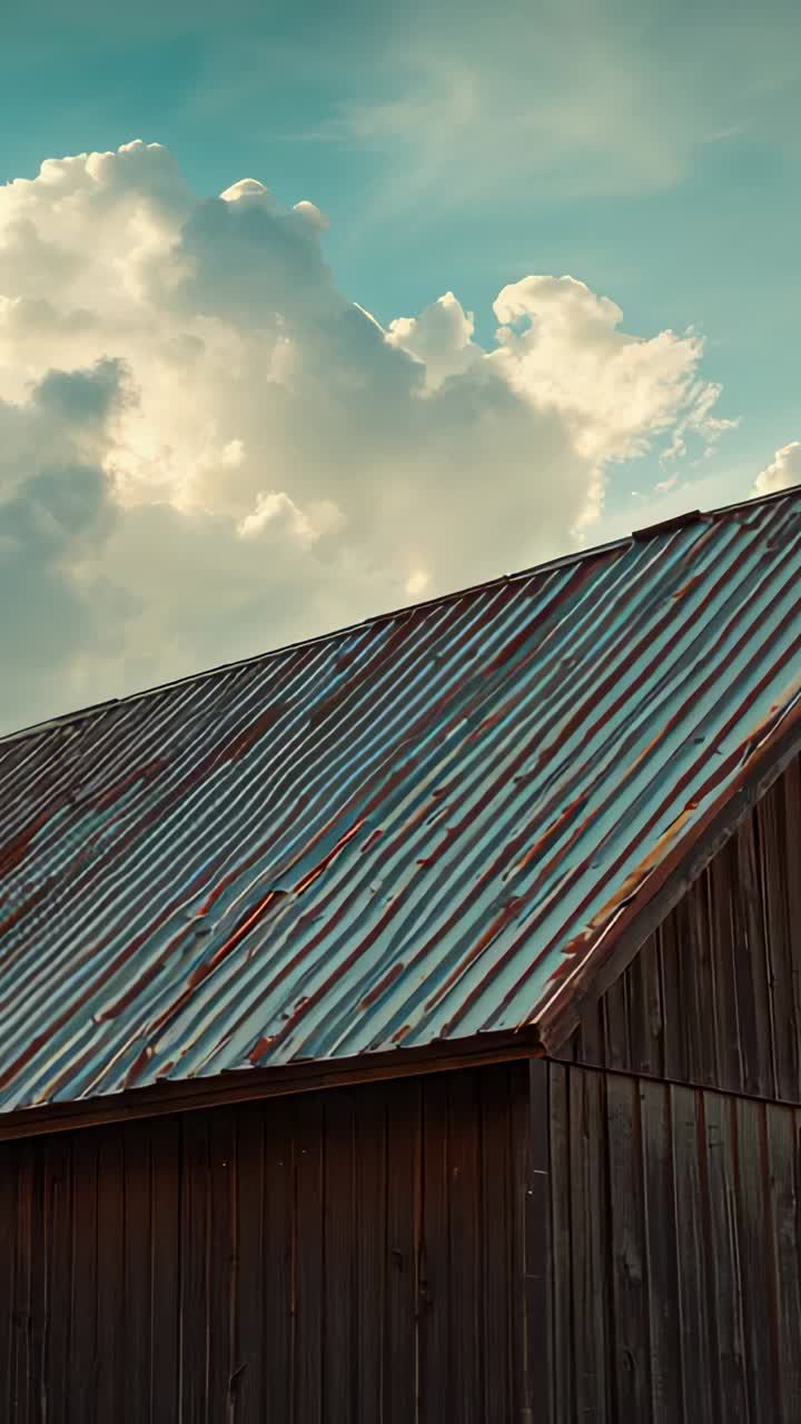 Vertical video: Starting panning camera upward left over metal roof at barn showing clouds