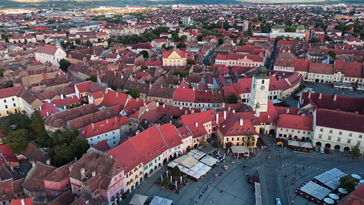 Aerial view of Sibiu historic center in warm evening light