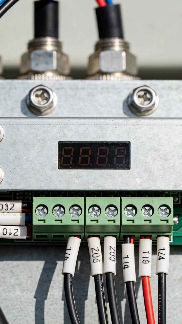 Vertical video: Panning camera showing 7-seg display and tagged terminals on panel to reveal wires