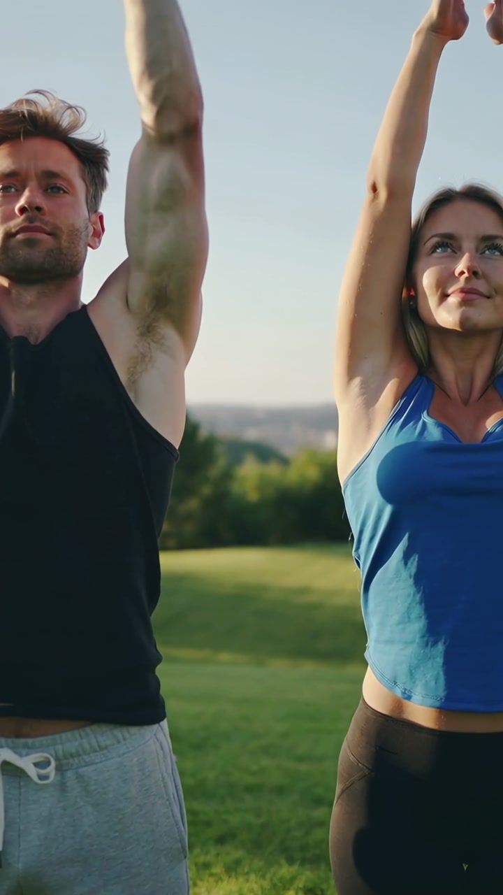 Vertical video: Releasing hands, couple warming up with arm raises in park, in tank tops, leggings