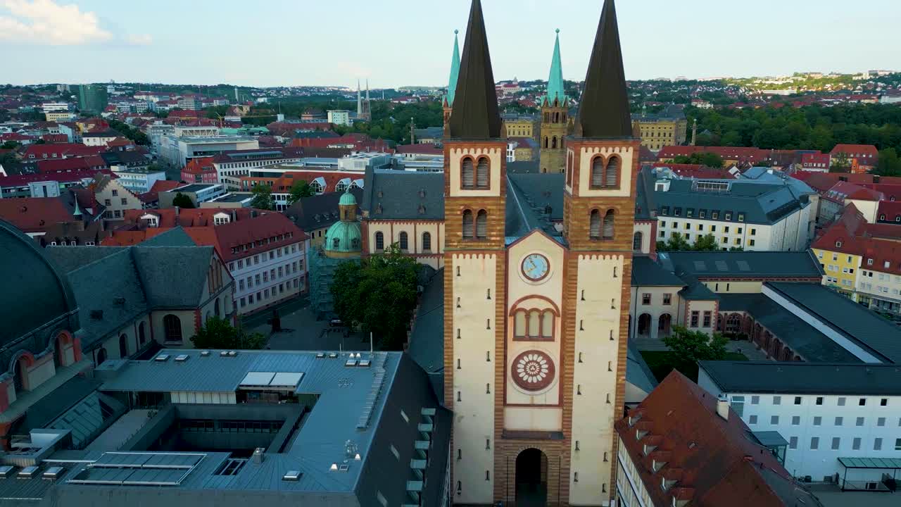 4K Aerial Drone Video of the Wurzburg Cathedral and the New Munster Church in Downtown Würzburg, Germany
