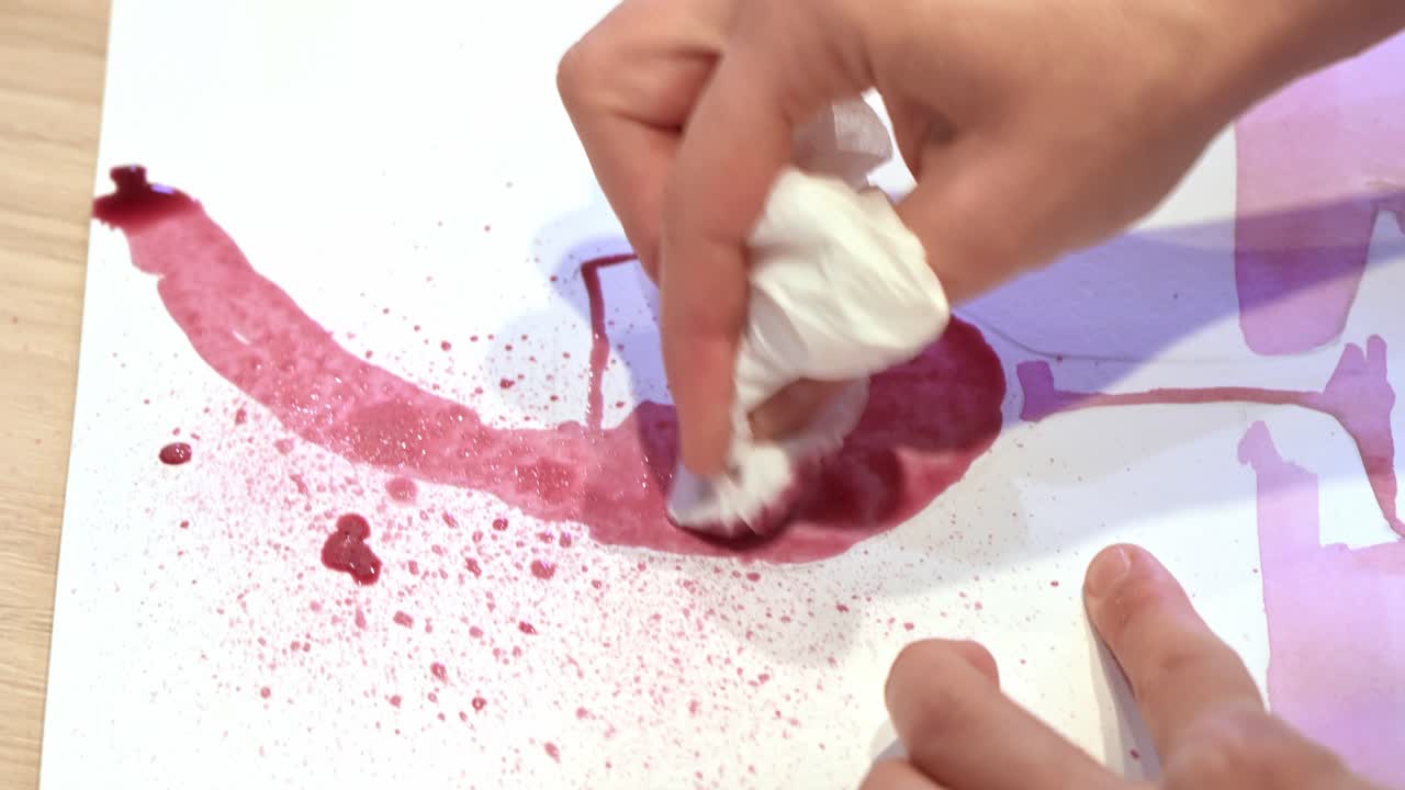 A woman in a studio painting on paper with red wine and wipe, close view