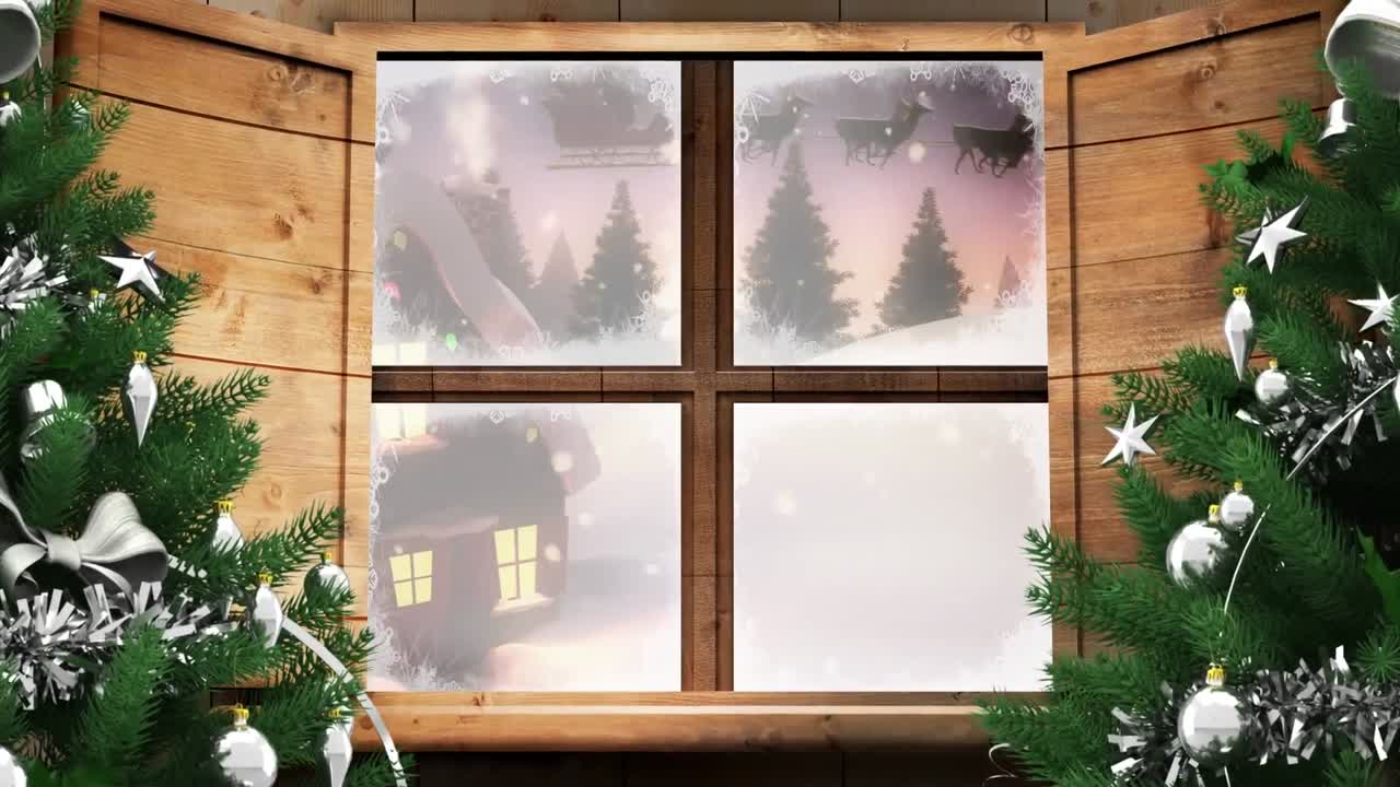 Animation af vinter julescene med hus set gennem vindue