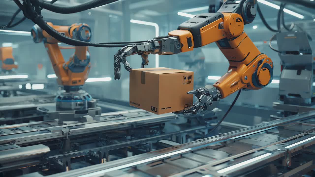 Robotic Arm Handling Packages in Automated Factory