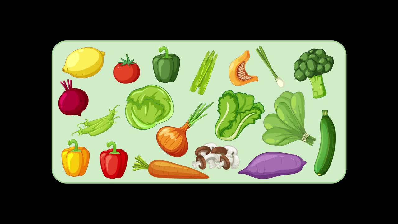 Vegetable illustrations smoothly appear and fill the frame, vibrant colors, flat vector style animation