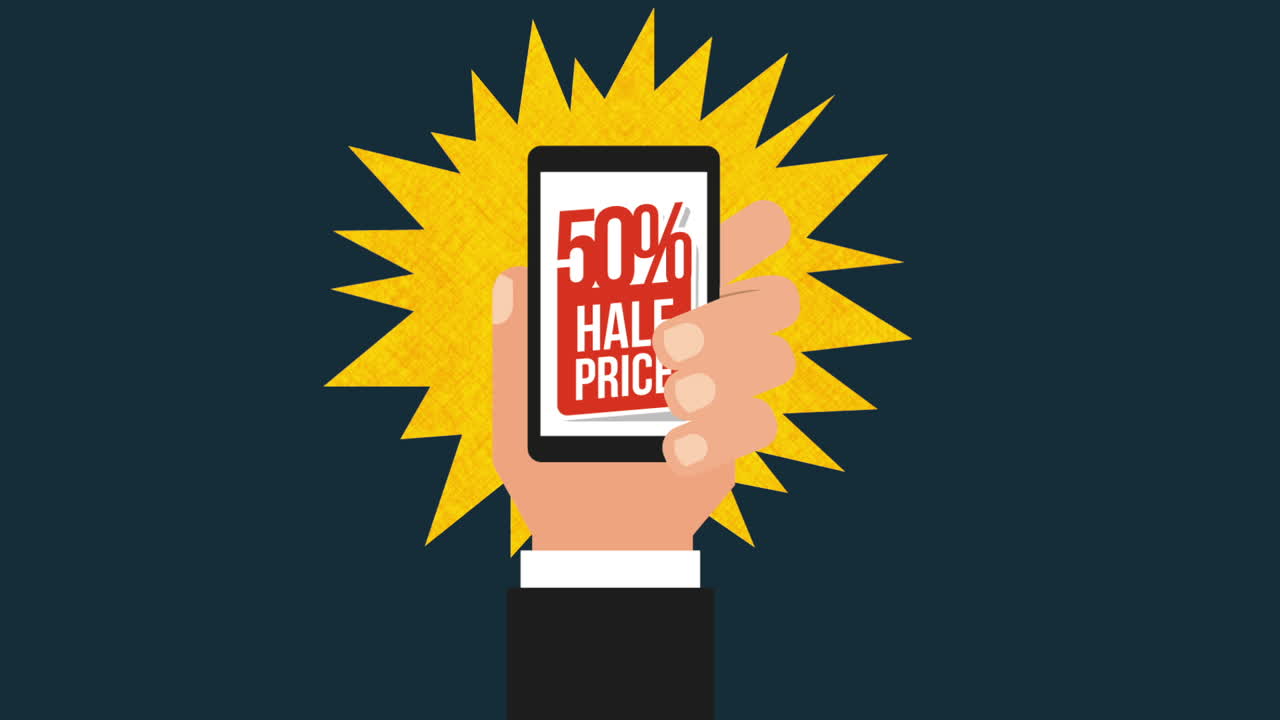 Hand Holding Smartphone with 50% Off Discount