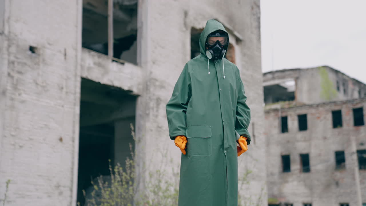Human in radioactive green suit and gas mask. Guy wearing hazmat suit and gloves.