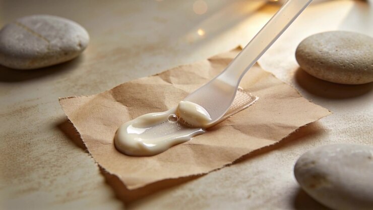 Scooping plastic spatula entering upper-right, lifting glossy beige cream on kraft paper for demo