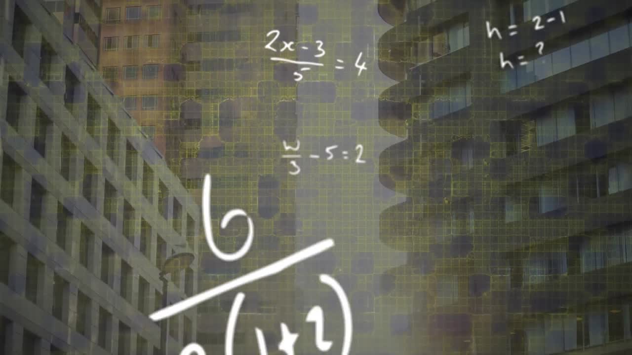 animación de ecuaciones matemáticas y patrones abstractos sobre edificios en el fondo.