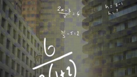 animation of mathematical equations and abstract pattern over buildings in background