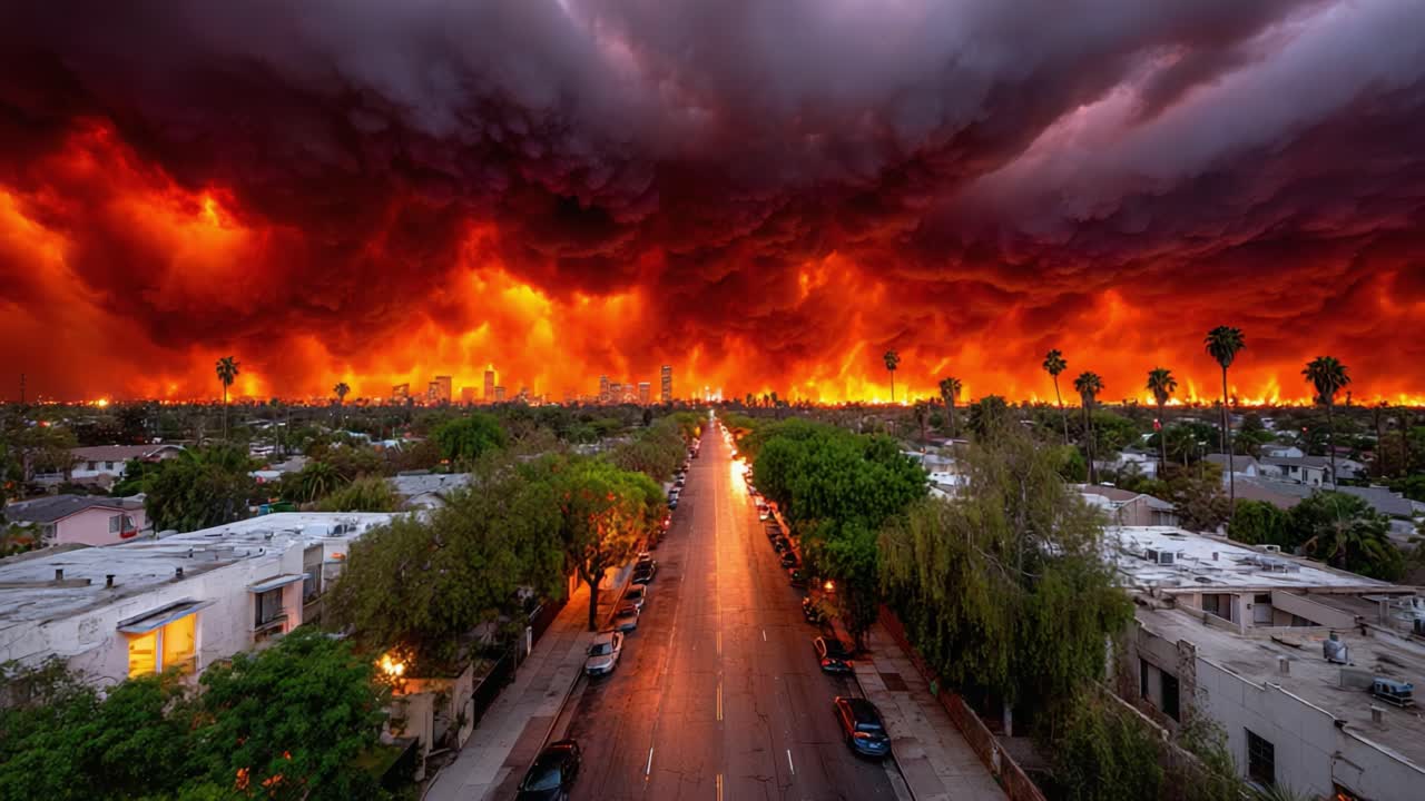 A Dramatic Scene of Ominous Dark Clouds and Fiery Skies Over a Cityscape, Illuminating the Streets with an Eerie Orange Glow Reflecting a Catastrophic Event