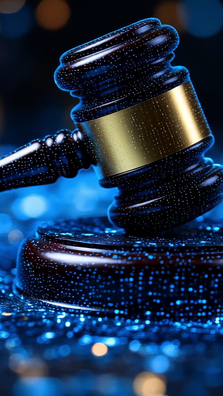 Gavel on stand with sparkles. A gavel lies on a dark stand, surrounded by a shimmering blue background that adds a touch of elegance to the scene.