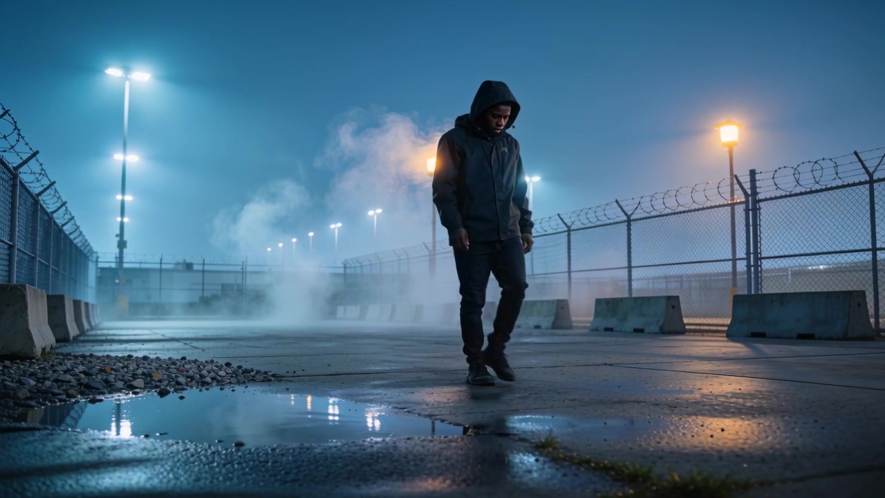 Walking male in dark hooded jacket starting back, pausing over puddle, continuing across fenced lot