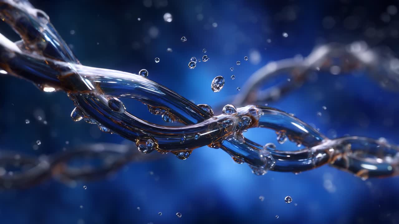A mesmerizing close-up view of intertwined water droplets on sparkling glass strands, showcasing the beauty of fluid dynamics and light interaction in a vibrant atmosphere