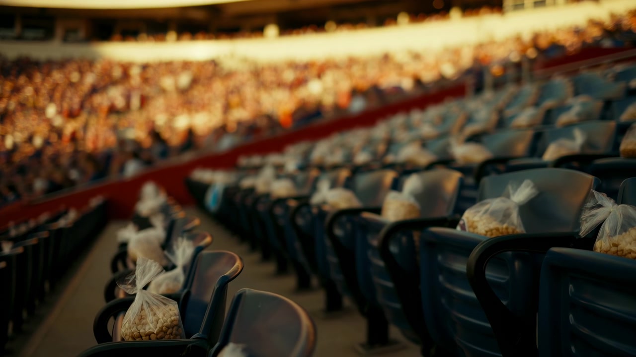 Spettatori entusiasti in un grande stadio, che guardano un evento sportivo da un'inquadratura grandangolare dall'alto, sedili in plastica e pareti in cemento, sedili gialli e neri, luce naturale, vista pulita e coinvolgente.