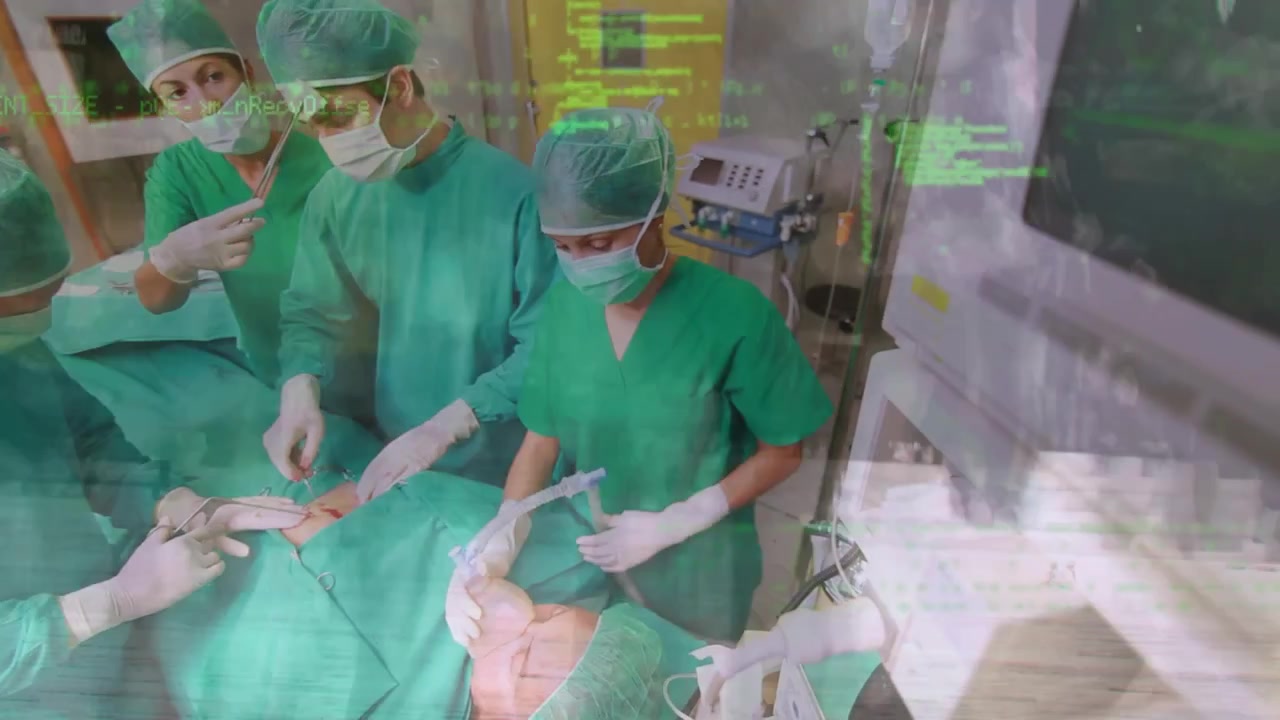 Animazione di timelapse con persone che camminano su un team di chirurghi caucasici durante un'operazione