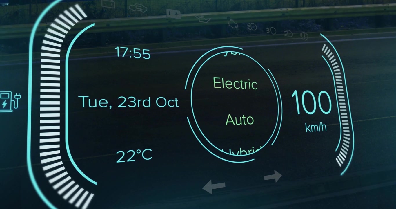 Digitale dashboardinterface met weergave van snelheid en hybride voertuiggegevens