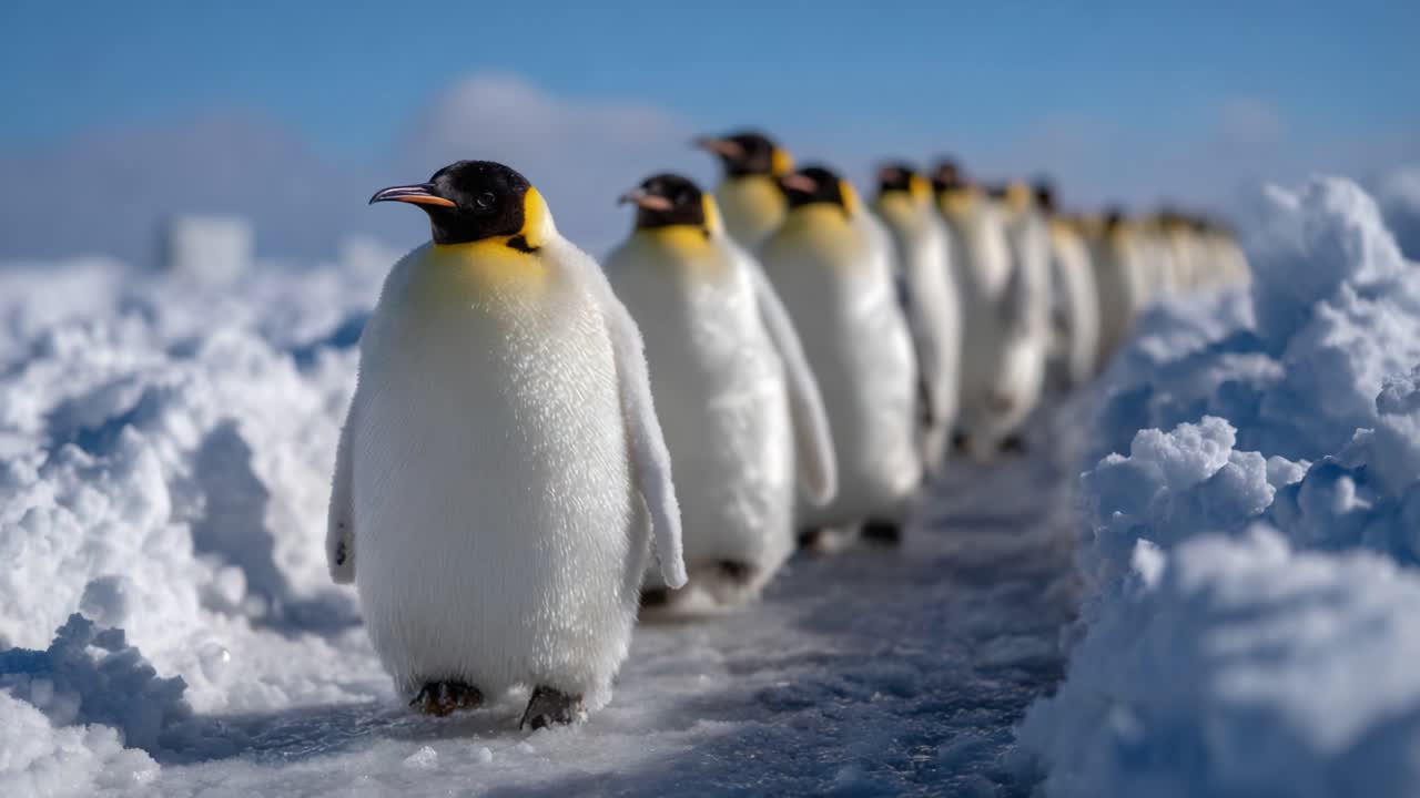 A mesmerizing procession of emperor penguins braving the cold, showcasing their resilience and social behavior as they waddle through a snow-covered landscape in search of food