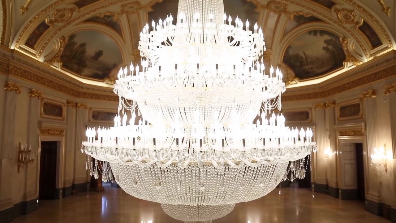 Grande lampadario di cristallo in sala da ballo sontuosa, con livelli di vetro multilivello scintillanti che creano una cascata di luce su superfici lucidate
