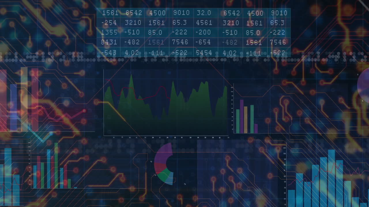 Overlaying circuit board design, digital animation of data charts and graphs