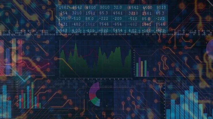 Overlaying circuit board design, digital animation of data charts and graphs