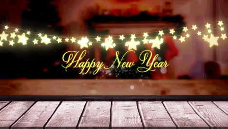 Animation-of-fairy-lights-and-happy-new-year-text-over-wooden-boards