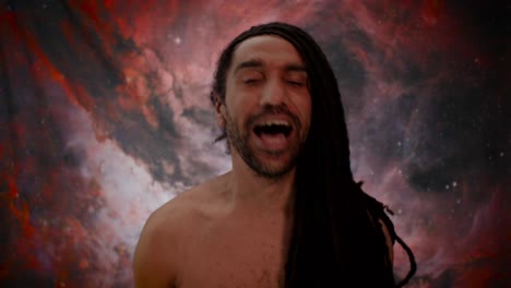 laughing man with dreadlocks, cosmic ecstasy in surreal setting