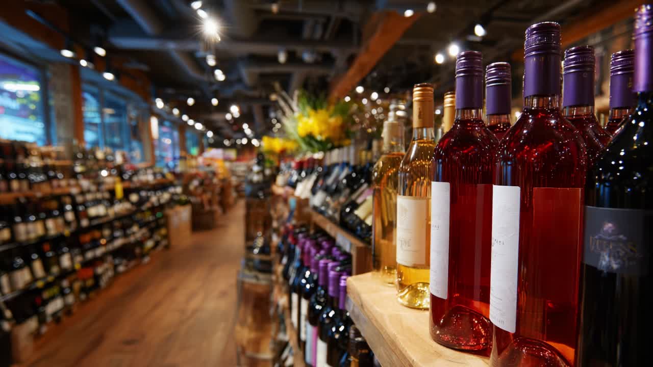 A Vibrant Display of Wine Bottles in a Well-Lit Store: An Inviting Aesthetic with Colorful Selection of Rosé, White, and Red Wines on Stylish Wooden Shelves Surrounded by a Warm Atmosphere