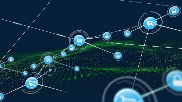 Animation of network of connections with online shopping icons over glowing green mesh